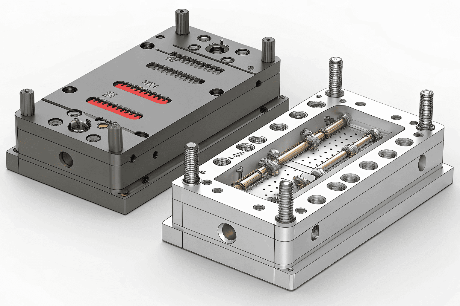 A large steel injection mold being prepared for production in a factory.