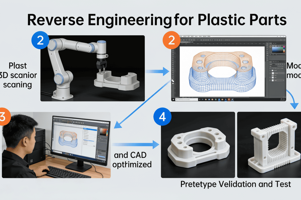 A physical plastic part being measured with calipers next to its 3D model on a computer screen.